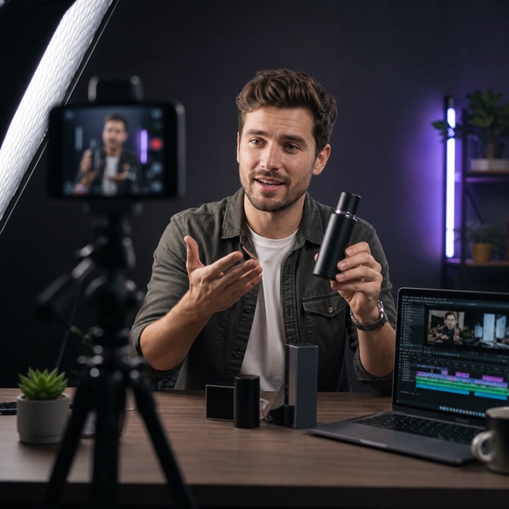 Commerce creator presenting a product on camera
