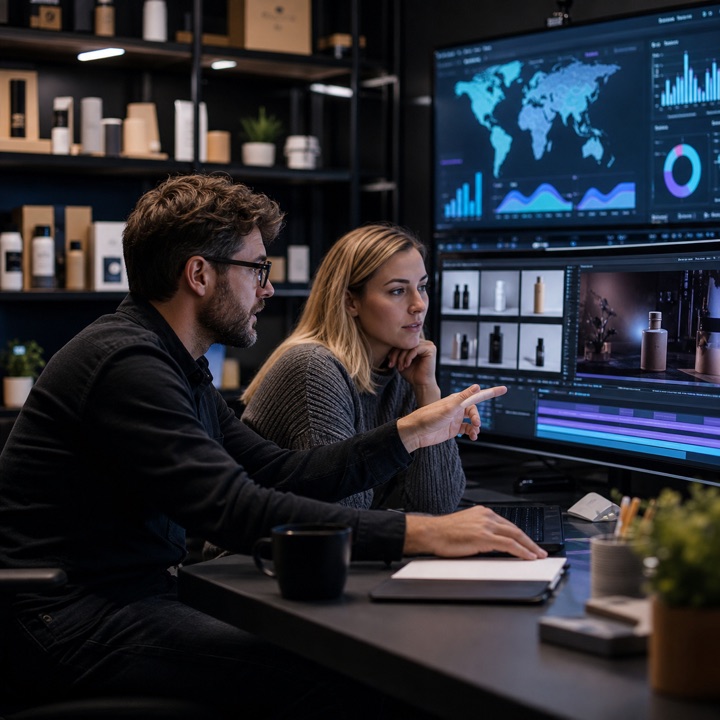 Enterprise seller team reviewing global commerce video performance