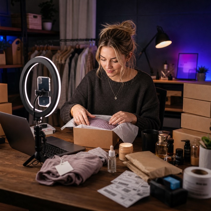Independent seller packing products in a home studio